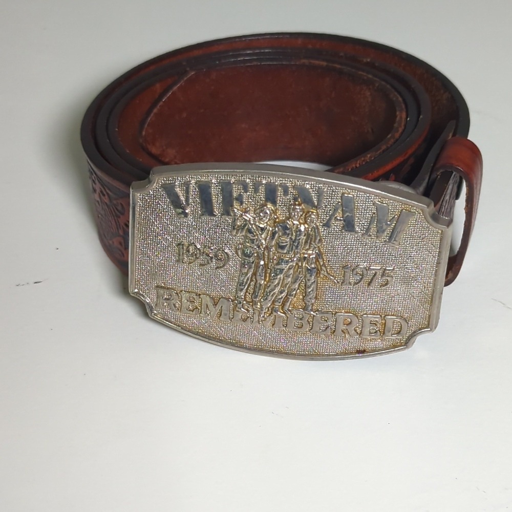 Vietnam War 1959-1975 Remembered Brown Leather Belt Men's Western Tooled